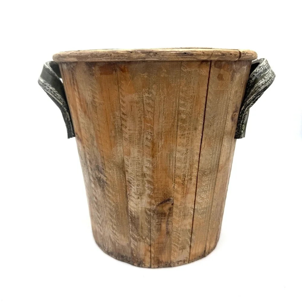 Vintage Primitive Wood Slatted Bucket 11in Brown Cottagecore Shabby Chic